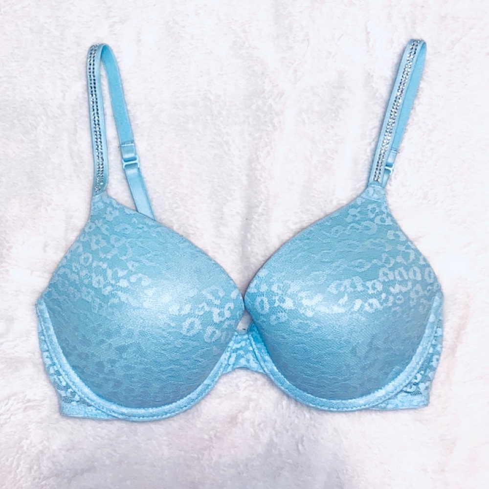 Victoria’s Secret PINK Blue Leopard Print Bedazzled Push Up Bra